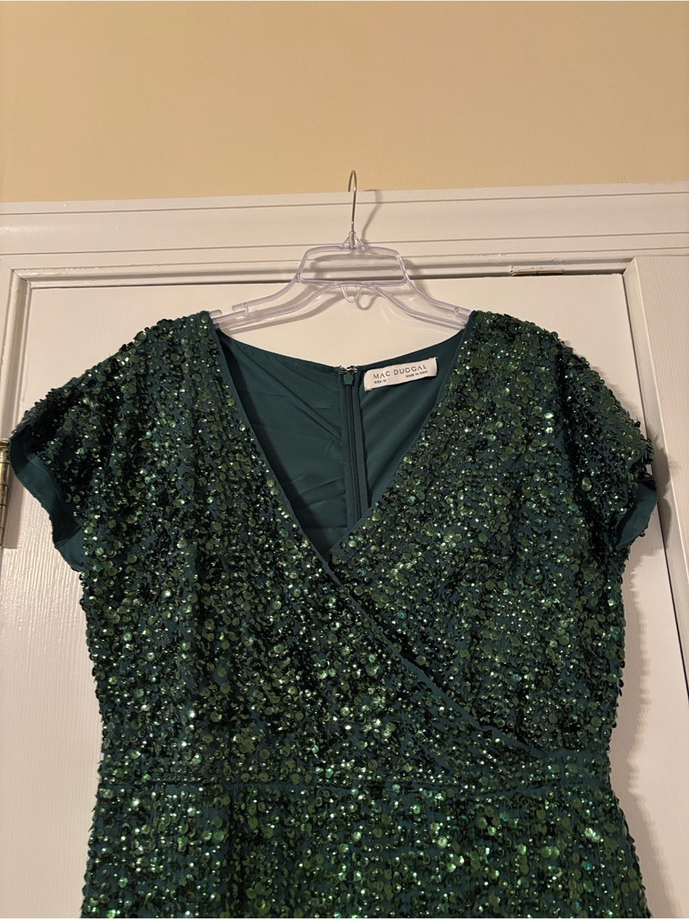Mac Duggal Sequined Emerald Green V-Neck Midi Dress - Picture 3 of 6